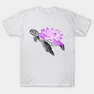 Detailed Sea Turtle with Neon Lotus Flower as Shell T-Shirt